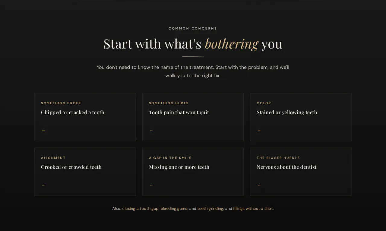 Mercado Dental Studio website section: "Start with what's bothering you": patients enter through the problem (a chipped tooth, tooth pain, staining, a gap, nerves) instead of dental jargon.