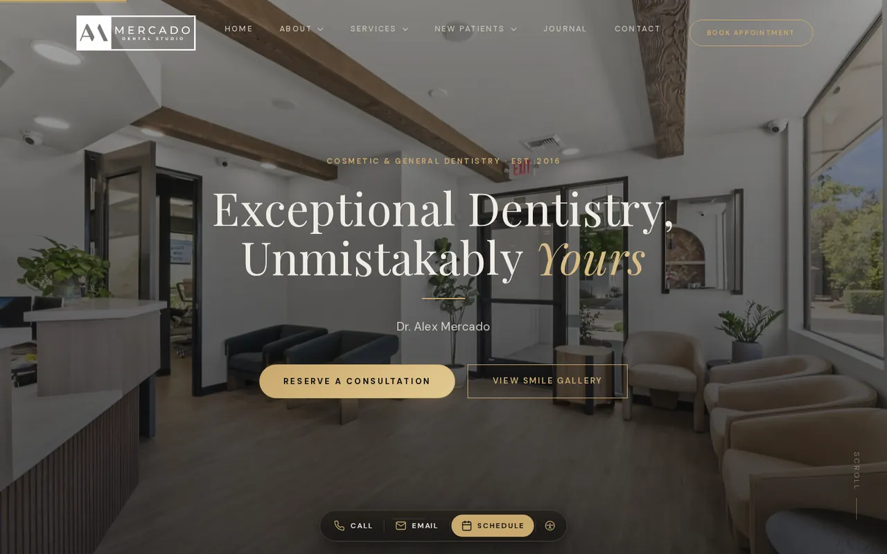 Mercado Dental Studio website homepage on a desktop screen, designed by DDS Web Solutions